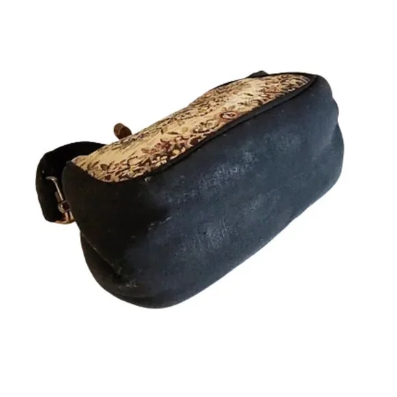1950s Vintage Small Black Fabric And Tapestrty Scenic Handbag Top Handle Purse - Picture 6 of 8